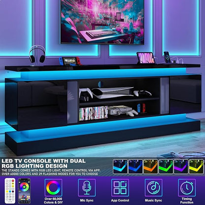 chartustriable 71IN LED TV Stands w/Power Outlet for 85/80/75 Inch TVs,High Glossy Modern Tall Entertainment Center TV Media Console Gaming with 2 Storage Cabinets,Dual LED Lights,Black