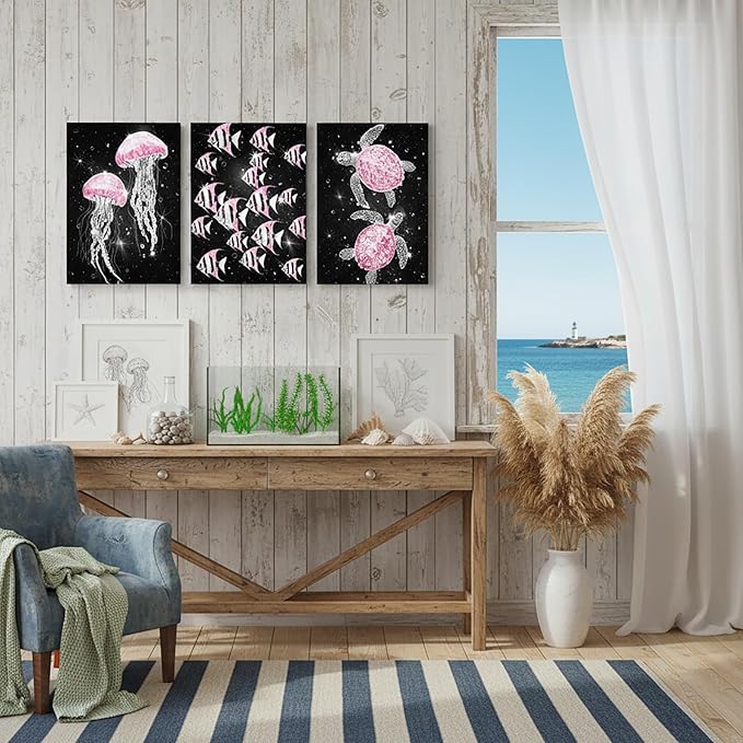 sechars Ocean Sea Life Wall Art Jellyfish Tropical Fish and Sea Turtles Pictures Modern Bathroom Nautical Decor (Pink)