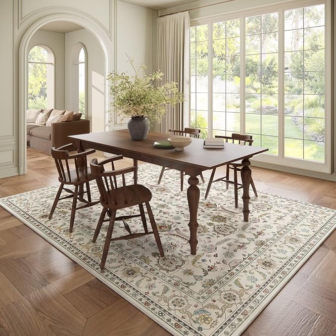 Washable 6x9 Area Rugs for Living Room, Boho Non-Slip Vintage Distress Large Rugs for Bedroom Dining Room Nursery Office, 0.3" Neutral Oriental Throw Thin Carpet, Beige/Rust/Multi, B1