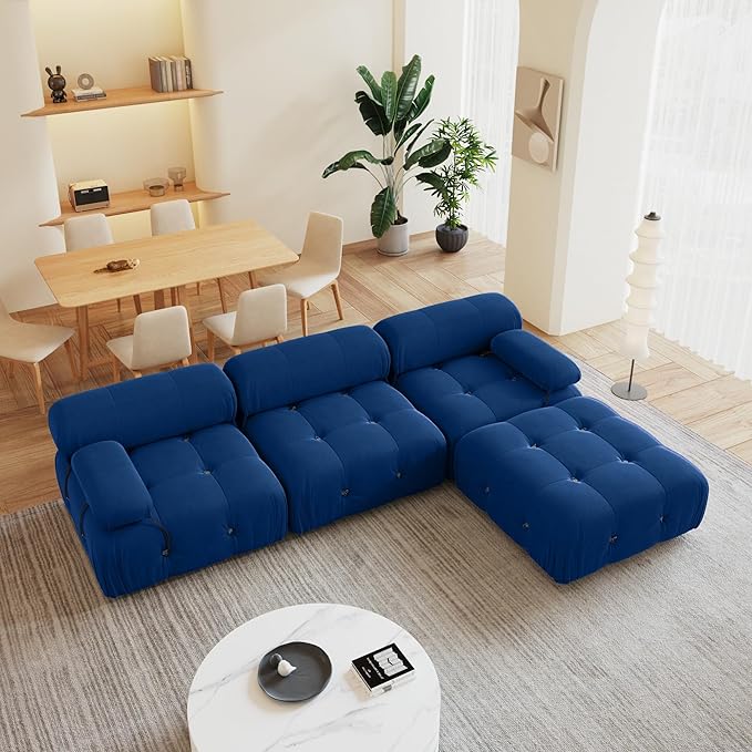 104'' Modular Sectional Couch, L-Shaped Velvet Bubble Couch with Reversible Chaise Ottoman, Modern Cloud Sectional Couches for Living Room, Apartment (3 Seats, 1 Ottoman, Blue)