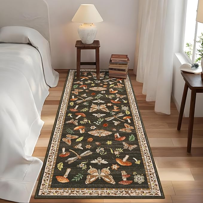 ROYHOME Mushroom Insect Washable Rug 2x6 Runners for Hallways, Boho Kitchen Runner Rugs Non Slip Bath Runner, Modern Bedroom, Soft Long Entryway Bathroom Laundry Dorm, Brown