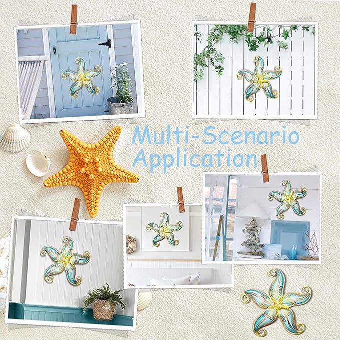 Starfish Outdoor Wall Decor, 12" Hanging Metal & Glass Sculpture for Indoor and Outdoor, Coastal Beach Ocean Gift for Garden Fence Patio(Blue)