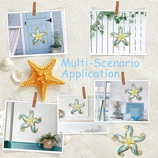 Starfish Outdoor Wall Decor, 12" Hanging Metal & Glass Sculpture for Indoor and Outdoor, Coastal Beach Ocean Gift for Garden Fence Patio(Blue)