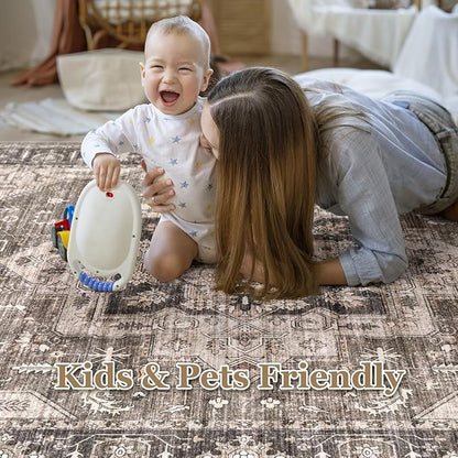 Area Rug 9x12 Washable Vintage - Soft Traditional Rugs for Living Room Large Non Slip Backing with Low Pile Farmhouse Oriental Retro Carpet for Bedroom Dining Room or Home Office - Dark Brown