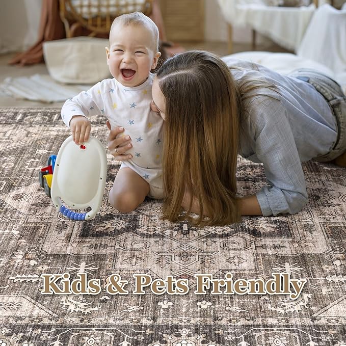 Area Rug 12x15 Washable Vintage - Soft Traditional Rugs for Living Room Large Non Slip Backing with Low Pile Farmhouse Oriental Retro Carpet for Bedroom Dining Room or Home Office - Dark Brown