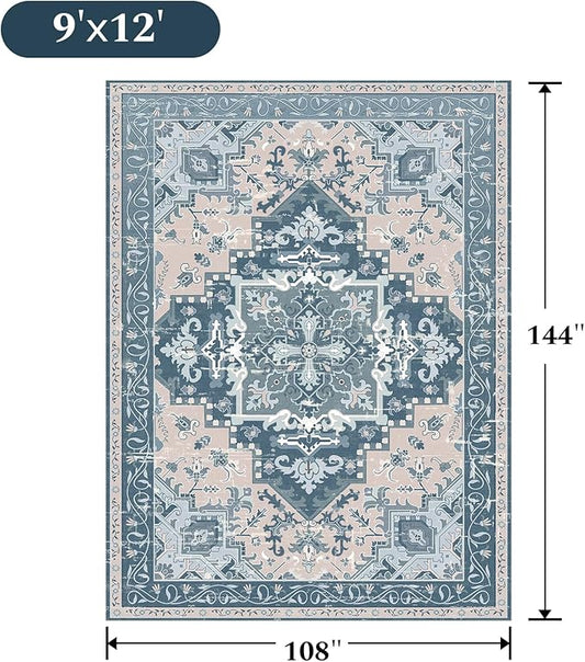 Rugflix 9x12 Area Rug for Living Room, Machine Washable Area Rugs with Non-Slip Backing, Large Soft Boho Vintage Rug for Bedroom, Dining Room, Low Pile Carpet, Kids Pet Friendly, Blue