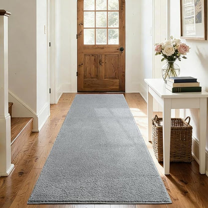 FinRèc 2x6 Washable Runner Rugs for Kitchen Hallway Bedroom, Low Pile Thin Rug Solid Color, Non-Slip Carpet Indoor for Home Decor (Pure Light Grey)
