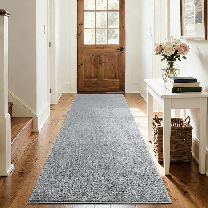 FinRèc 2x8 Washable Runner Rugs for Kitchen Hallway Bedroom, Low Pile Thin Rug Solid Color, Non-Slip Carpet Indoor for Home Decor (Pure Light Grey)