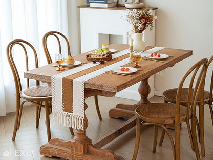 FEXIA Boho Table Runner with Tassels 72 Inches Long for Summer Home Decor Farmhouse Rustic Macrame Burlap Table Decoration for Living Room Dining Room, Reddish Brown(12x72 Inches)