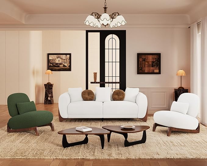 Morden Fort 3 Piece Cloud Couch Set, Modern Sherpa Boucle Sofa with Wood Legs, Skin-Friendly Minimalist Upholstered Comfy Couch Sofa for Living Room, 3-Seater+Off White Chair+Forest Green Chair