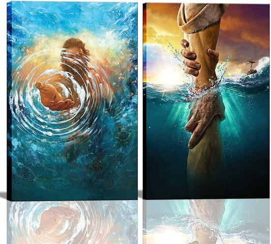 2 Pcs Framed Jesus wall art The Hand of God Jesus Reaching Into Water Christ Religion Canvas Wall Decor Blue Ocean Bible Pictures Posters Prints Paintings for Living Room Bedroom Church Decorations