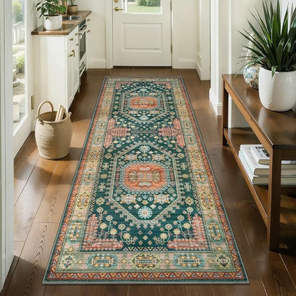 Tangsoo Vintage 2x6 Washable Runner Rug for Hallways,Non-Slip Rubber Backing Mat Yellow Green Multi Geometric Soft Low Pile Long Rug Runner for Kitchen Bedroom Entryway Laundry