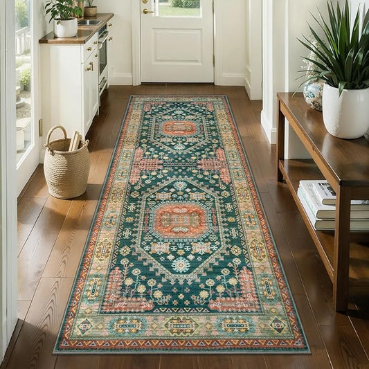 Tangsoo Vintage 2x6 Washable Runner Rug for Hallways,Non-Slip Rubber Backing Mat Yellow Green Multi Geometric Soft Low Pile Long Rug Runner for Kitchen Bedroom Entryway Laundry