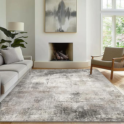 GENIMO 6x9 Area Rugs for Living Room, Machine Washable Non Slip Rugs, Low Pile Lightweight Vintage Print Rug for Bedroom, Dining Room, Home Office, Abstract Grey