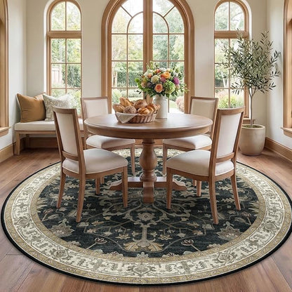 RELEANY Area Rugs Round 7ft Washable Non-Slip, Floral Vintage Distress Print Pattern Medallion Carpet for Living Room Bedroom Dining Room, Vintage Black Brown Neutral