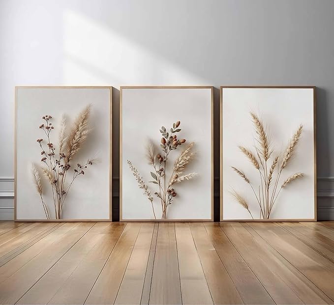 3Pcs Beige Neutral Floral Botanical Canvas Wall Art Modern Minimalist Beige Flower Plant Painting Wall Decor Poster Print Artwork for Living Room Bedroom Bathroom Home Decortion Unframed