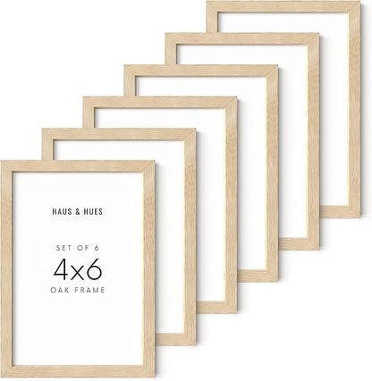 HAUS AND HUES Beige Oak Wood 4x6 Picture Frames - Modern Wood Wall Art Display - Lightweight 4x6 Frames for Art Prints, Photos, Posters - Ready-to-Hang Vertically & Horizontally (Set of 6)