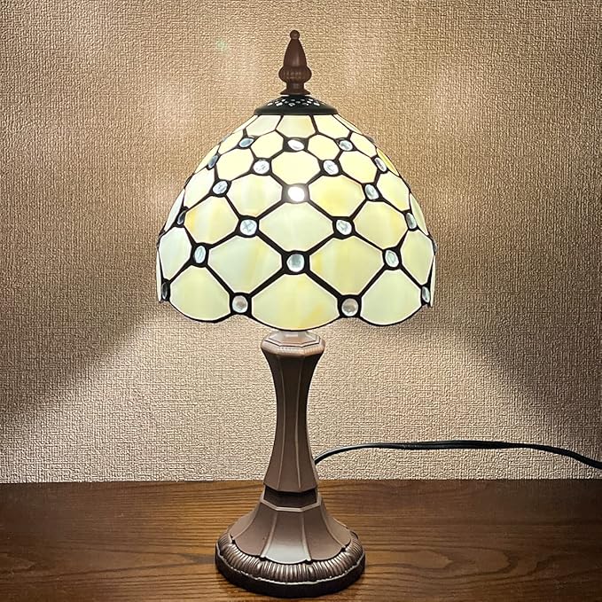 Capulina Tiffany Table Lamp 8 Inches Antique Beige Beads Style Stained Glass Small Desk Lamp Decor for Home Office Bedroom Living Room