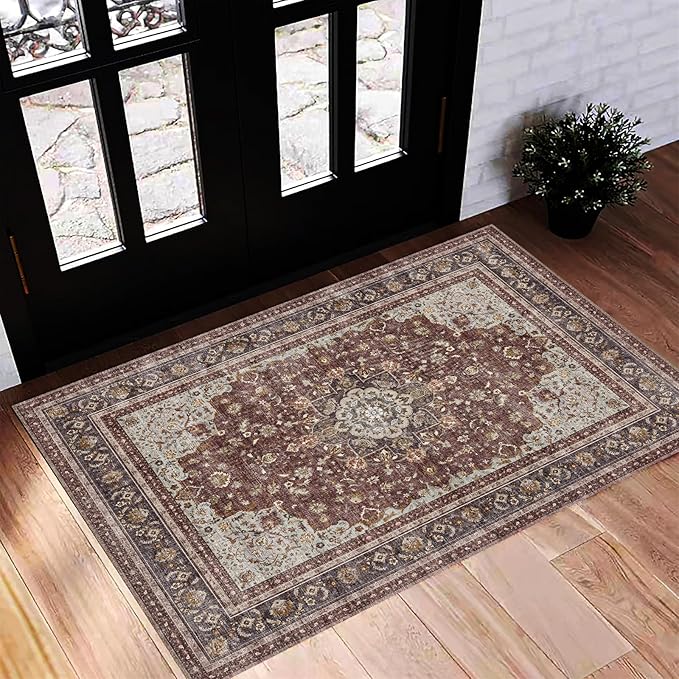 CHAMPLANT Washable Area Rug 2'x3' Door Mat Vintage Distressed Doormat Indoor Entrance Traditional Thin Rug Floral Print Non Slip Carpet for Kitchen Bathroom Bedroom Living Room