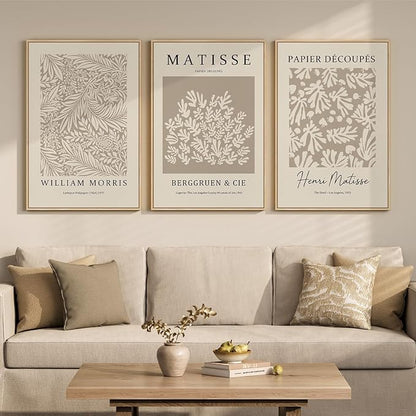 Framed Large Matisse Canvas Wall Art Set of 3, Vintage Neutral Abstract Floral Artwork Prints, Boho Beige Botanical Wall Decor for Living Room, Bedroom, Hallway and Office, Total Size 30x60