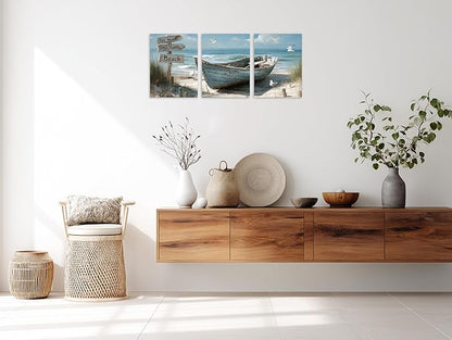 TutuBeer 3 Pcs Coastal Bathroom Canvas Wall Art Nautical Boat on Beach Canvas Picture Ocean Seagull Seascape Prints for Wall Sea Bird Farmhouse Artwork for Bedroom Living Room Decor Each Panel 12"x24"