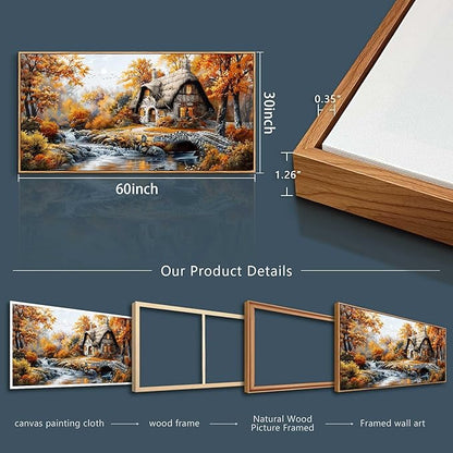 QIYILEXWART Canvas Wall Art For Living Room Large Wall Decor For Office Bedroom Decorations Autumn Cottage River Landscape Pictures Farmhouse Painting Artwork Room Wall Mural Aesthetic Home Decor 30x60 In