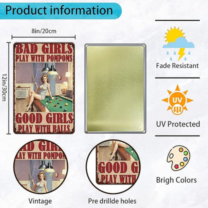 Vintage Billiards Metal Sign Bad Girls Play With Pompoms Wall Art Decoration For Home Bar Club Coffee Shop Bedroom 8x12 Inch