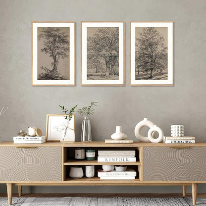 KAIRNE Vintage Tree Sketch Framed Canvas Wall Art Set, Antique Tree Drawings Wall Decor, Retro Forest Art Prints, Modern Nature Landscape Artwork for Living Room, Bedroom, Farmhouse, Office-24 x36 x3