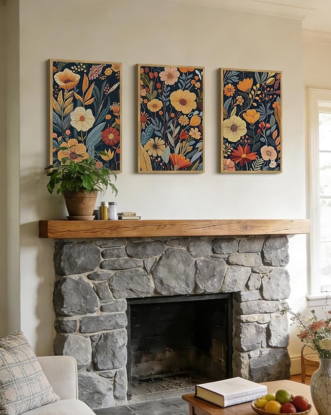 Drsoum Vintage Flower Wall Art Framed Retro Bohemian Boho Colorful Floral Plant Rustic Artwork Nature Botanical Wildflower Prints Bedroom Living Room Ready to Hang 16x24in Natural Framed
