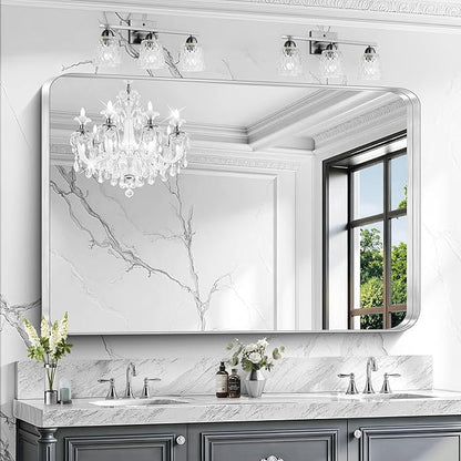 CIRCUMI Silver Bathroom Mirror, 36"x55" Rectangular Mirror with Deep Metal Frame, Rounded Corner, Tempered Glass, Large Mirror for Wall, Over 2 Sinks, Installed Vertically/Horizontally, Crystal-Clear