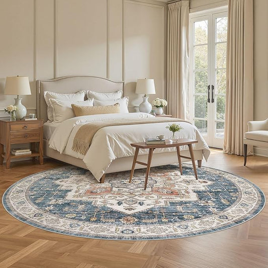 8x8 Round Area Rugs Washable Vintage - Soft Traditional Rugs for Living Room Large Non Slip Backing with Low Pile Farmhouse Oriental Retro Carpet for Bedroom Dining Room or Home Office - Blue