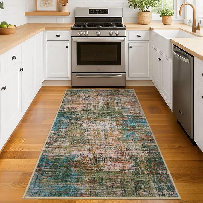 KILOCOCO Abstract Area Rug 3x5 Entryway Rug Washable Kitchen Rugs Non Slip Soft Pinted Entrance Rugs Indoor Mat for Front Door Foyer Farmhouse Living Room Floor Carpet, Green/Orange/Blue