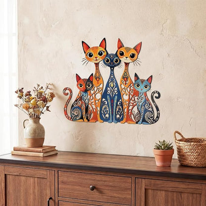 Wesiti Cat Wall Art Decor Iron Wall Sculptures Decor for Cats Lover 10.6 x 15.7 Inches Colorful Retro Mid Century Cat Signs for Home Living Room Bedroom Kitchen Office(Stylish)