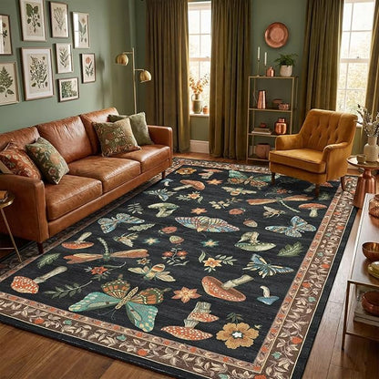 ROYHOME Mushroom 9x12 Area Rugs for Living Room Low-Pile Whimsical Cottage Core Insect Bug Butterfly Funky Dark Gothic Decor for Bedroom Nursery Dining Room Black Brown