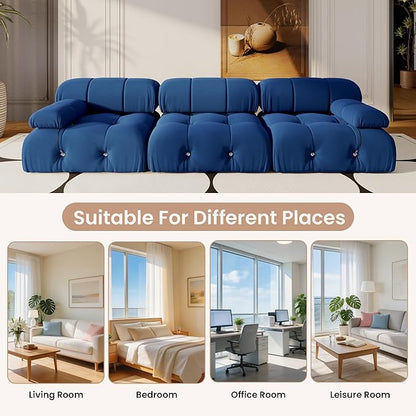 104'' Modular Sectional Sofa, Modern Luxury Velvet Bubble Couch, Deep Seat Cloud Sectional Couches for Living Room, Apartment (3 Seats, Blue)
