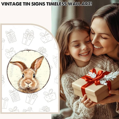 Vintage Easter Wreath Metal Sign Floral Bunny Pattern Distressed Finish Rustic Farmhouse Wall Art For Spring Home Decor 8X8Inch