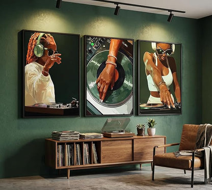 3pcs Trendy Black Girly Dj Canvas Wall Art Fashion African American Black Women Posters Prints Paintings Muisc Record Wall Decor Pictures for Bedroom Living Room Decoration Unframed