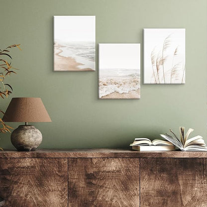 HDXUFJQ Neutral Beach Coastal Canvas Wall Art Beach Boho Botanical Pampas Grass Wall Decor Minimalist Nature Landscape Pictures Painting Summer Ocean Prints Waves Artwork(12"x16")