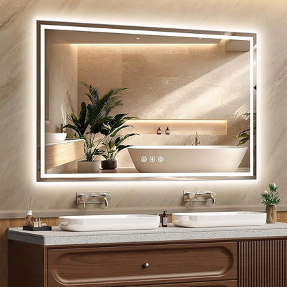 55x36 Inch LED Lighted Bathroom Mirror - Anti-Fog Vanity Mirror with Dimmable Front & Backlit, 3 Color Temp, Smart Memory - Shatterproof HD Glass, IP54 Waterproof Wall Mounted for Makeup Shaving