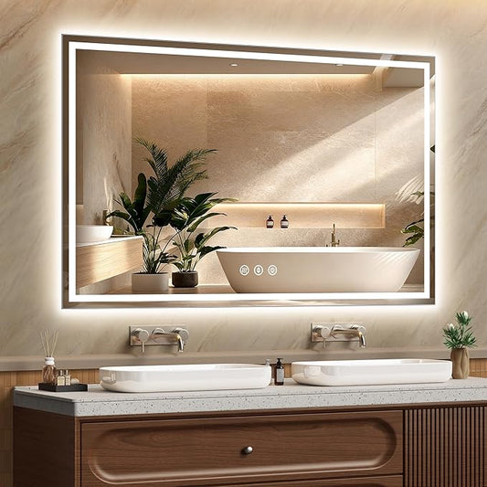 55x36 Inch LED Lighted Bathroom Mirror - Anti-Fog Vanity Mirror with Dimmable Front & Backlit, 3 Color Temp, Smart Memory - Shatterproof HD Glass, IP54 Waterproof Wall Mounted for Makeup Shaving