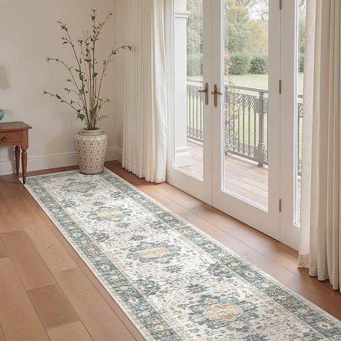 EIEIHOUSE Washable 2.6x14 Runner Rug - Area Rugs Neutral Vintage Distressed Floral Farmhouse Boho Large Soft Floor Rug Indoor Carpet for Hallway Entryway Home - Green/Grey