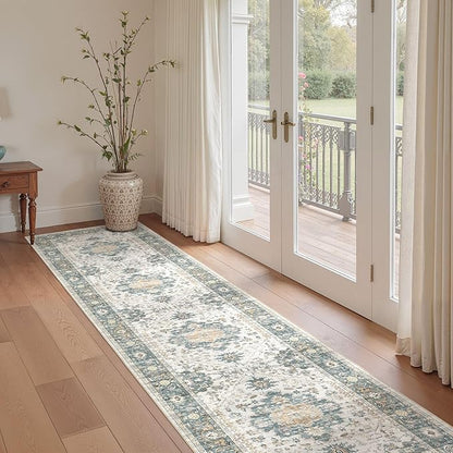EIEIHOUSE Washable 2.6x14 Runner Rug - Area Rugs Neutral Vintage Distressed Floral Farmhouse Boho Large Soft Floor Rug Indoor Carpet for Hallway Entryway Home - Green/Grey