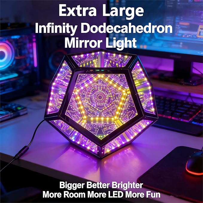 Extra Large Infinity Dodecahedron Light, 3D Infinity Mirror Light RGBW Color Changing, Music Sync, USB powered Night Lighting for Gaming Room Desk Decor, Birthday Christmas Gift for Men Boys Gamers