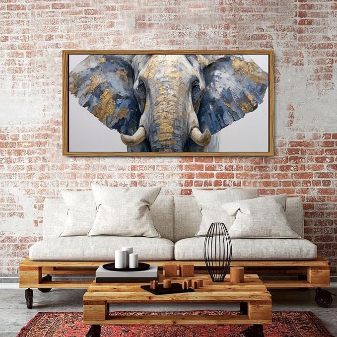 Elephant Animal Wall Art Bedroom Wall Decor African Wildlife Picture Canvas Wooden Framed Abstract Golden Painting Animals Portrait Poster Prints Artwork for Kitchen Living Room Home Decoration 30x57.8"