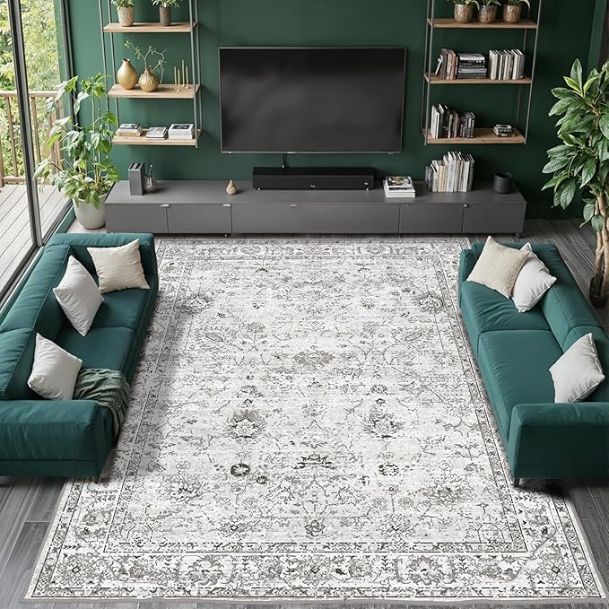 Grey White Area Rugs 5x8 for Living Room Bedroom, Non-Slip Washable Rugs Stain Resistant Boho Rug Low Pile Rug for ‎Dining Room Office (5 x 8, Grey White)