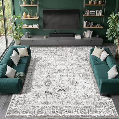 Grey White Area Rugs 5x8 for Living Room Bedroom, Non-Slip Washable Rugs Stain Resistant Boho Rug Low Pile Rug for ‎Dining Room Office (5 x 8, Grey White)