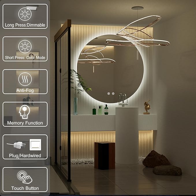 30 Inch Round LED Bathroom Mirror with Light, 3 Color Temperatures (3000K/4500K/6000K), Anti-Fog, Dimmable Backlit, Frameless Round Lighted Bathroom Mirror