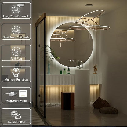 42-inch Round LED Bathroom Mirror with Light, 3 Color Temperatures (3000K/4500K/6000K), Dimmable Backlit, Anti-Fog, 5MM HD Glass, CRI 90+, Memory, Frameless