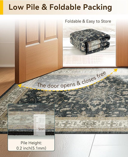 RELEANY Area Rugs Square 7ft Washable Non-Slip, Floral Vintage Distress Print Pattern Medallion Carpet for Living Room Bedroom Dining Room, Vintage Black Brown Neutral