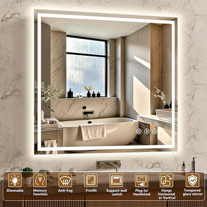 48x36 Inch LED Lighted Bathroom Mirror - Anti-Fog Vanity Mirror with Dimmable Front & Backlit, 3 Color Temp, Smart Memory - Shatterproof HD Glass, IP54 Waterproof Wall Mounted for Makeup Shaving